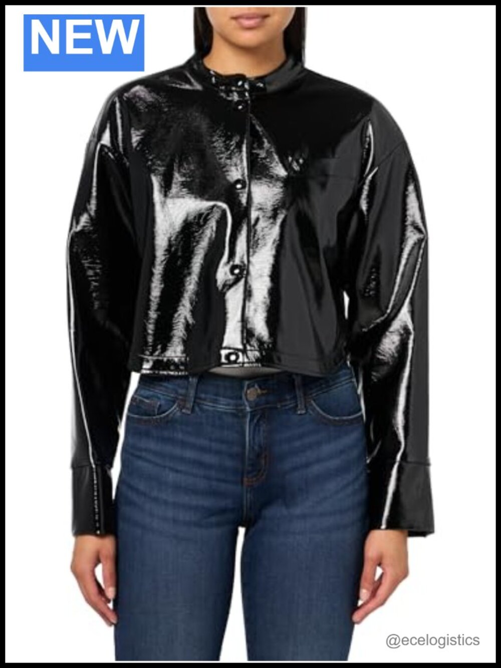 Cropped Shiny PU Jacket, Button Closure, Long Sleeve